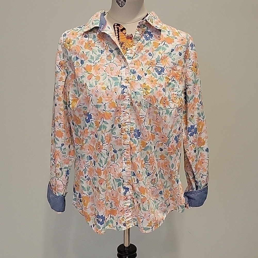 St. John's Bay button down shirt with pink, blue yellow flowers. Denim trim L